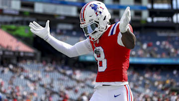 New England Patriots wide receiver Stefon Diggs (8) before the game against the Pittsburgh Steelers at Gillette Stadium.