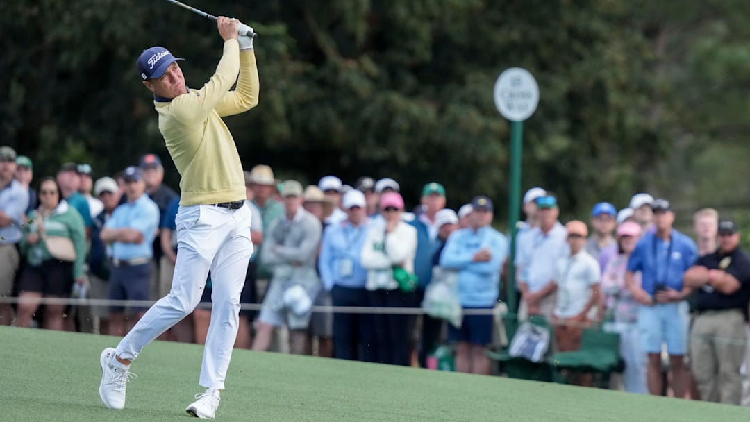 Justin Thomas hits from the no. 15 fairway during the second round of the Masters Tournament at Augusta National Golf Club. 