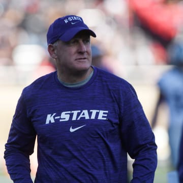 Kansas State's head coach Chris Klieman walks along the sidelines before the game against Texas Tech, Saturday, Oct. 14, 2023, at Jones AT&T Stadium.