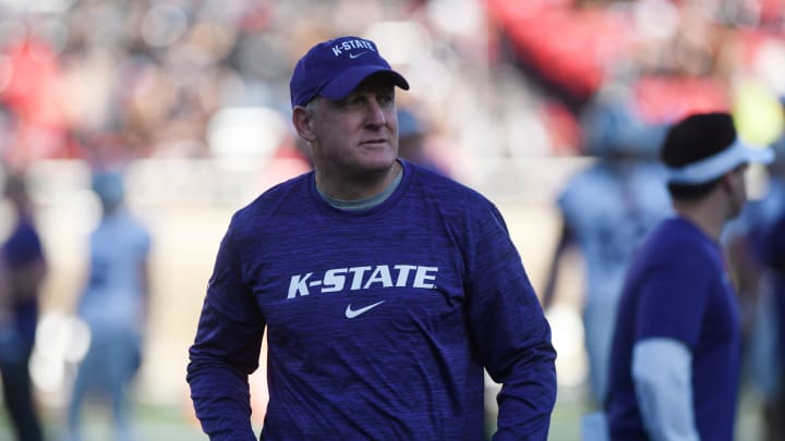Kansas State's head coach Chris Klieman walks along the sidelines before the game against Texas Tech, Saturday, Oct. 14, 2023, at Jones AT&T Stadium.