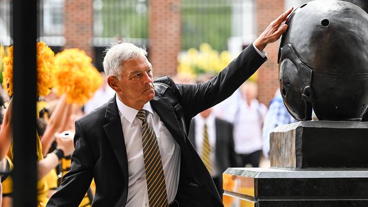 Sep 5, 2026; Iowa City, Iowa, USA;  Iowa Hawkeyes head coach Kirk Ferentz enters Kinnick Stadium before the game against the Northern Illinois Huskies.  Mandatory Credit: Jeffrey Becker-Imagn Images