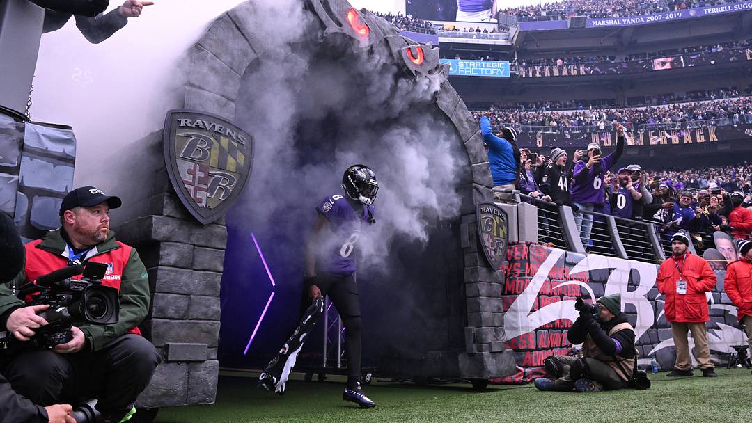 Jan 28, 2024; Baltimore, Maryland, USA; Baltimore Ravens quarterback Lamar Jackson (8) runs onto the field during player introductions prior to the AFC Championship football game against the Kansas City Chiefs at M&T Bank Stadium. Mandatory Credit: Tommy Gilligan-USA TODAY Sports Jan 28, 2024; Baltimore, Maryland, USA; Baltimore Ravens quarterback Lamar Jackson (8) runs onto the field during player introductions prior to the AFC Championship football game against the Kansas City Chiefs at M&T Bank Stadium. Mandatory Credit: Tommy Gilligan-USA TODAY Sports