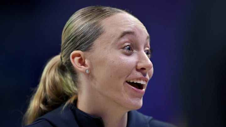 Aug 8, 2025; Arlington, Texas, USA; Dallas Wings guard Paige Bueckers (5) during the game between the Dallas Wings and the New York Liberty at College Park Center. Mandatory Credit: Jerome Miron-Imagn Images