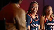 Oct 6, 2025; Charlotte, NC, USA; Virginia player Paris Clark answers questions from the media at The Hilton Charlotte Uptown. Mandatory Credit: William Howard-Imagn Images