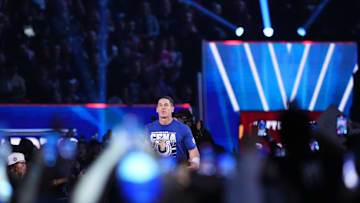 Feb 1, 2025; Indianapolis, IN, USA; John Cena during the Men’s Royal Rumble match during the WWE Royal Rumble at Lucas Oil Stadium. Mandatory Credit: Joe Camporeale-Imagn Images