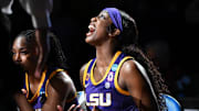 Mar 30, 2025; Spokane, WA, USA; LSU Lady Tigers guard Flau'Jae Johnson (4) looks on during introduction during the Elite 8 NCAA Tournament basketball game against the UCLA Bruinsat Spokane Arena. Mandatory Credit: James Snook-Imagn Images