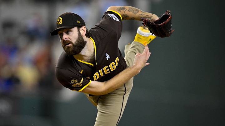 Jun 21, 2026; Arlington, Texas, USA; San Diego Padres relief pitcher Lucas Giolito (55) pitches against the Texas Rangers during the second inning at Globe Life Field. Mandatory Credit: Jerome Miron-Imagn Images