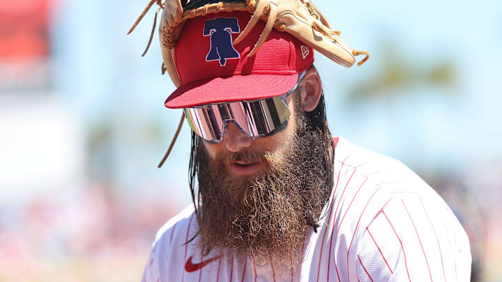 Mar 19, 2025; Clearwater, Florida, USA; Philadelphia Phillies outfielder Brandon Marsh (16) looks on against the New York Yankees before the game at BayCare Ballpark.