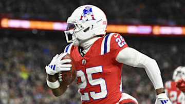 Dec 1, 2025; Foxborough, Massachusetts, USA; New England Patriots cornerback Marcus Jones (25) returns a punt for a touchdown during the first quarter against the New York Giants at Gillette Stadium. Mandatory Credit: Eric Canha-Imagn Images