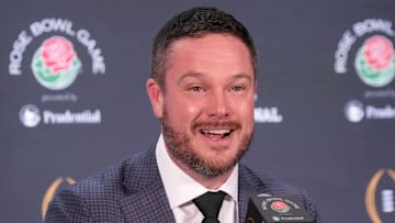 Dec 31, 2024; Los Angeles, California, USA; Oregon Ducks head coach Dan Lanning during the Rose Bowl head coaches press conference at Sheraton Grand LA. Mandatory Credit: Kirby Lee-Imagn Images