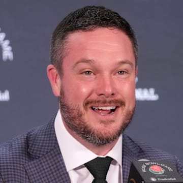 Dec 31, 2024; Los Angeles, California, USA; Oregon Ducks head coach Dan Lanning during the Rose Bowl head coaches press conference at Sheraton Grand LA. Mandatory Credit: Kirby Lee-Imagn Images
