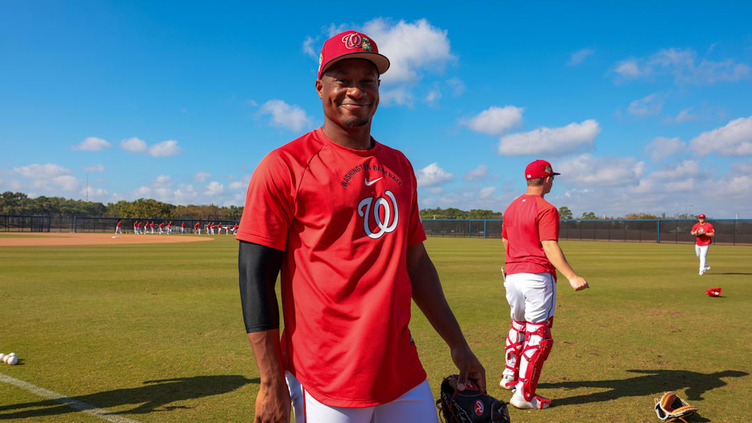 Feb 16, 2026; West Palm Beach, FL, USA; Washington Nationals pitcher Josiah Gray (40) smiles during a spring training workout at CACTI Park of The Palm Beaches. Mandatory Credit: Sam Navarro-Imagn Images