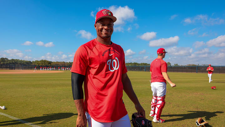 Feb 16, 2026; West Palm Beach, FL, USA; Washington Nationals pitcher Josiah Gray (40) smiles during a spring training workout at CACTI Park of The Palm Beaches. Mandatory Credit: Sam Navarro-Imagn Images