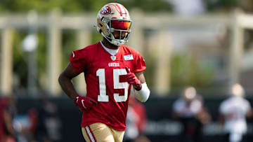 Jul 29, 2022; Santa Clara, CA, USA;  San Francisco 49ers wide receiver Jauan Jennings (15) jogs during training camp at the SAP Performance Facility near Levi Stadium. Mandatory Credit: Stan Szeto-Imagn Images