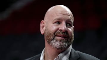 Nov 3, 2023; Portland, Oregon, USA; Portland Trail Blazers general manager Joe Cronin looks on before the game against the Memphis Grizzlies at Moda Center. Mandatory Credit: Soobum Im-Imagn Images