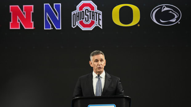 Big Ten commissioner Tony Petitti speaks to the media during the Big 10 football media day at Lucas Oil Stadium.