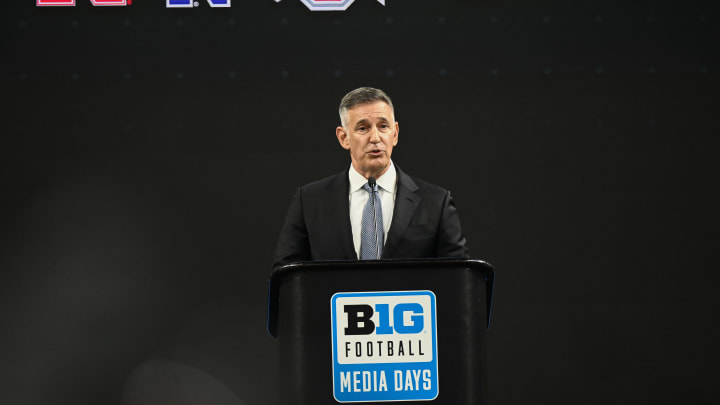 Jul 23, 2024; Indianapolis, IN, USA;  Big Ten commissioner Tony Petitti speaks to the media during the Big 10 football media day at Lucas Oil Stadium. Mandatory Credit: Robert Goddin-USA TODAY Sports