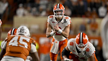 Dec 21, 2024; Austin, Texas, USA; Clemson Tigers quarterback Cade Klubnik (2) in action during the game between the Texas Longhorns and the Clemson Tigers in the CFP National Playoff First Round at Darrell K Royal-Texas Memorial Stadium. Mandatory Credit: Jerome Miron-Imagn Images