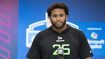 Mar 1, 2025; Indianapolis, IN, USA; Purdue University offensive lineman Marcus Mbow (OL26) answers questions at a press conference during the 2025 NFL Combine at Indiana Convention Center. 