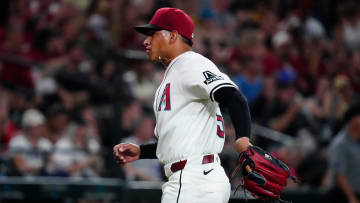 Diamondbacks pitcher Yilber Diaz (45) celebrates an out in the fourth inning during a game against the Blue Jays at Chase Field in Phoenix on Saturday, July 13, 2024.