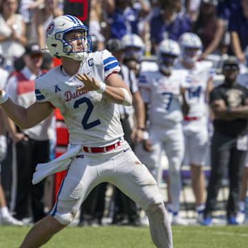 Sep 23, 2023; Fort Worth, Texas, USA; SMU Mustangs quarterback Preston Stone (2) in action during the game between the TCU Horned Frogs and the SMU Mustangs at Amon G. Carter Stadium. Mandatory Credit: Jerome Miron-Imagn Images