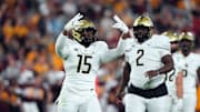 Nov 9, 2024; Tempe, Arizona, USA; UCF Knights defensive end Daylan Dotson (15) celebrates his sack against the Arizona State Sun Devils during the first half at Mountain America Stadium, Home of the ASU Sun Devils. Mandatory Credit: Joe Camporeale-Imagn Images