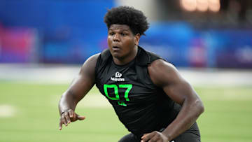 Mar 2, 2025; Indianapolis, IN, USA; Oregon offensive lineman Josh Conerly (OL07) during the 2025 NFL Combine at Lucas Oil Stadium. Mandatory Credit: Kirby Lee-Imagn Images