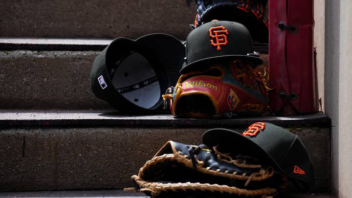 Apr 16, 2026; Cincinnati, Ohio, USA; A view of San Francisco Giants game hats on the dugout steps during the game against the Cincinnati Reds at Great American Ball Park. Mandatory Credit: Aaron Doster-Imagn Images