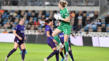 Aug 23, 2024; Houston, Texas, USA; Orlando Pride goalkeeper Anna Moorhouse (1) makes a save in the second half against the Houston Dash at Shell Energy Stadium. Mandatory Credit: Maria Lysaker-USA TODAY Sports