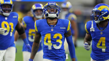 Dec 17, 2023; Inglewood, California, USA; Los Angeles Rams safety John Johnson III (43) celebrates after intercepting a pass against the Washington Commanders in the second half at SoFi Stadium. Mandatory Credit: Kirby Lee-USA TODAY Sports