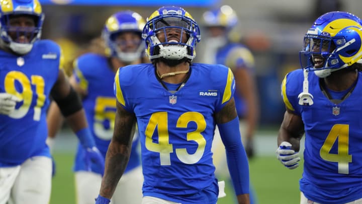 Dec 17, 2023; Inglewood, California, USA; Los Angeles Rams safety John Johnson III (43) celebrates after intercepting a pass against the Washington Commanders in the second half at SoFi Stadium. Mandatory Credit: Kirby Lee-USA TODAY Sports