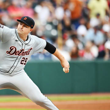 Detroit Tigers starting pitcher Tarik Skubal (29) throws a pitch during the first inning against the Cleveland Guardians at Progressive Field on July 22.