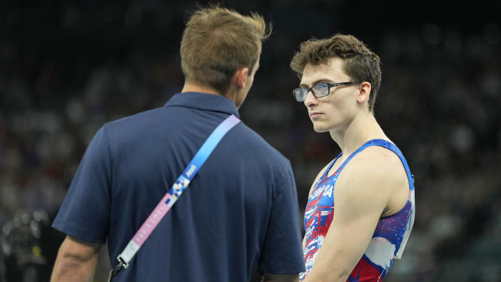 USA gymnast Stephen Nedoroscik talks with a coach before performing on the pommel horse during the Paris 2024 Olympic Summer Games at Bercy Arena. 