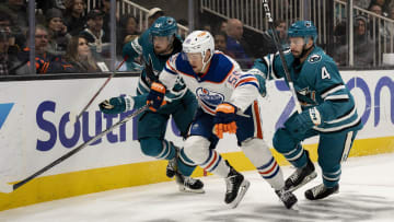 Nov 9, 2023; San Jose, California, USA; San Jose Sharks defenseman Nikita Okhotiuk (83) and San Jose