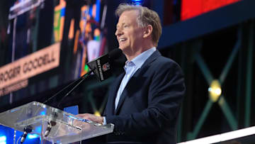 Apr 24, 2025; Green Bay, WI, USA; NFL commissioner Roger Goodell speaks before the first round of the 2025 NFL Draft at Lambeau Field. Mandatory Credit: Kirby Lee-Imagn Images