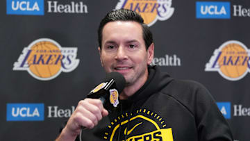 Nov 18, 2025; Los Angeles, California, USA; Los Angeles Lakers head coach JJ Redick at press conference at Crypto.com Arena. Mandatory Credit: Kirby Lee-Imagn Images