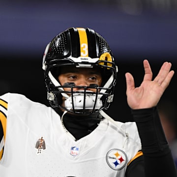 Jan 11, 2025; Baltimore, Maryland, USA; Pittsburgh Steelers quarterback Russell Wilson (3) warms up before an AFC wild card game against the Baltimore Ravens at M&T Bank Stadium.  