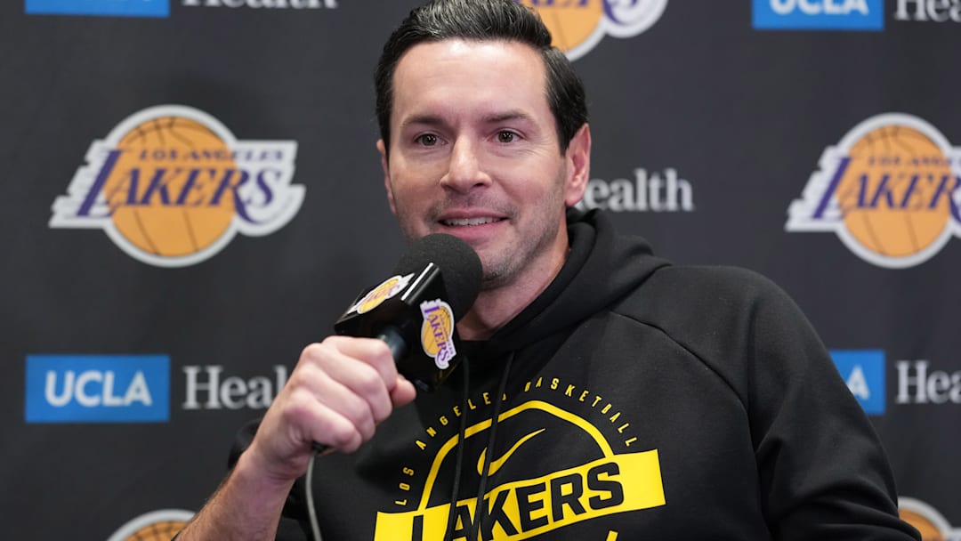 Nov 18, 2025; Los Angeles, California, USA; Los Angeles Lakers head coach JJ Redick at press conference at Crypto.com Arena. Mandatory Credit: Kirby Lee-Imagn Images