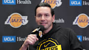 Nov 18, 2025; Los Angeles, California, USA; Los Angeles Lakers head coach JJ Redick at press conference at Crypto.com Arena. Mandatory Credit: Kirby Lee-Imagn Images