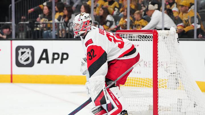 Jun 6, 2026; Las Vegas, Nevada, USA; Carolina Hurricanes goaltender Brandon Bussi (32) defends the net against the Vegas Golden Knights during the third period in game three of the 2026 Stanley Cup Final at T-Mobile Arena. Mandatory Credit: Stephen R. Sylvanie-Imagn Images