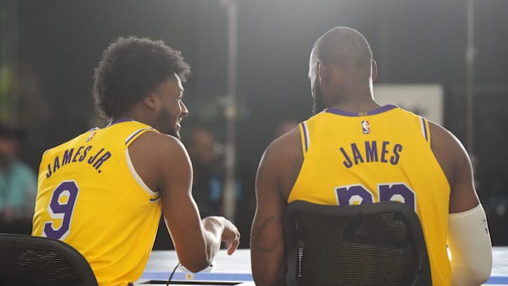 Los Angeles Lakers stars Bronny James and LeBron James speak to media.