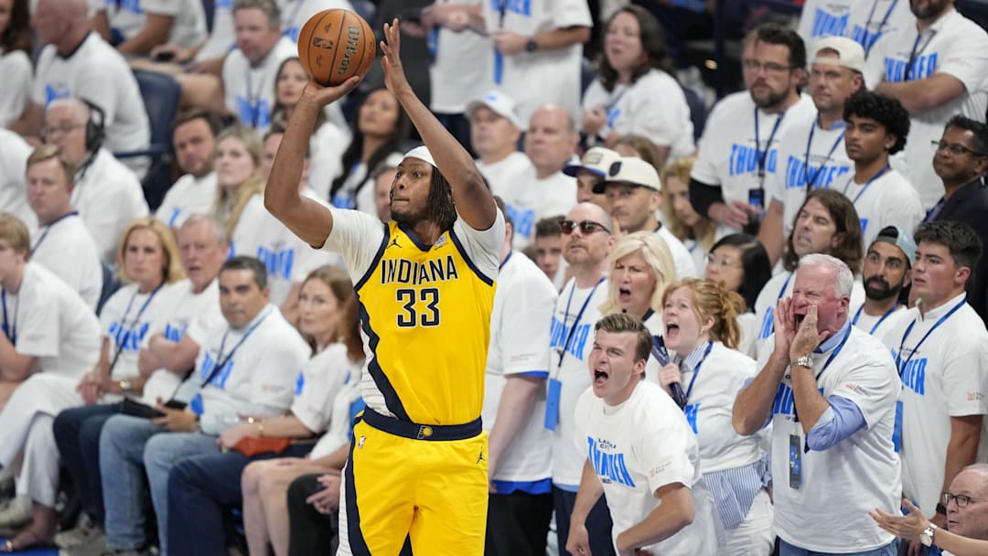 Jun 5, 2025; Oklahoma City, Oklahoma, USA; Indiana Pacers center Myles Turner (33) shoots the ball against the Oklahoma City Thunder during the fourth quarter in game one of the 2025 NBA Finals at Paycom Center. Mandatory Credit: Kyle Terada-Imagn Images