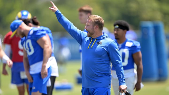 May 28, 2024; Thousand Oaks, CA, USA;  Los Angeles Rams head coach Sean McVay during OTAs at California Lutheran University. Mandatory Credit: Jayne Kamin-Oncea-USA TODAY Sports