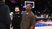Apr 3, 2025; Philadelphia, Pennsylvania, USA; Philadelphia 76ers guard Tyrese Maxey looks on after the game against the Milwaukee Bucks at Wells Fargo Center. Mandatory Credit: Kyle Ross-Imagn Images