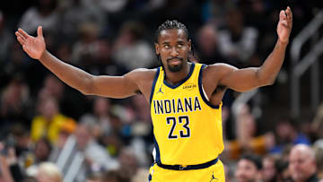 Indiana Pacers wing Aaron Nesmith (23) during a game against the Milwaukee Bucks.