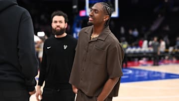 Apr 3, 2025; Philadelphia, Pennsylvania, USA; Philadelphia 76ers guard Tyrese Maxey looks on after the game against the Milwaukee Bucks at Wells Fargo Center. Mandatory Credit: Kyle Ross-Imagn Images