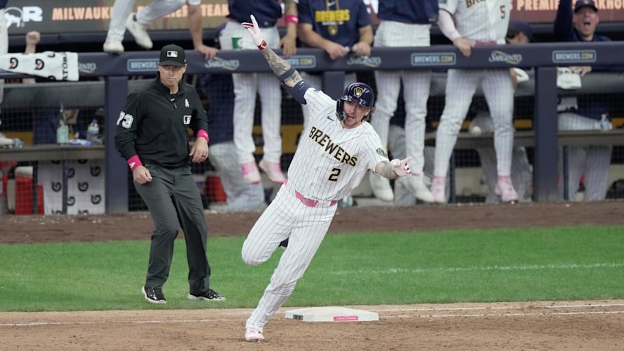 Milwaukee Brewers second baseman Brice Turang (2) celebrates his walk off home run