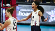 Jul 10, 2024; Long Beach, California, USA; Jordan Thompson (12) and Kelsey Robinson Cook†(23) celebrate scoring a point against the Netherlands during the USA Volleyball Cup at The Walter Pyramid. The USA defeated the Netherlands 3 -2 in a tuneup for the upcoming Paris Olympics. Mandatory Credit: Robert Hanashiro-USA TODAY Sports