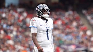 Sep 28, 2025; Houston, Texas, USA; Tennessee Titans quarterback Cam Ward (1) during the first half against the Houston Texans at NRG Stadium. Mandatory Credit: Troy Taormina-Imagn Images