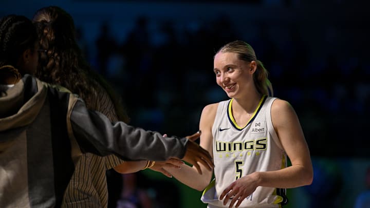 Jul 28, 2025; Arlington, Texas, USA; Dallas Wings guard Paige Bueckers (5) after the game between the Dallas Wings and the New York Liberty at College Park Center. Mandatory Credit: Jerome Miron-Imagn Images